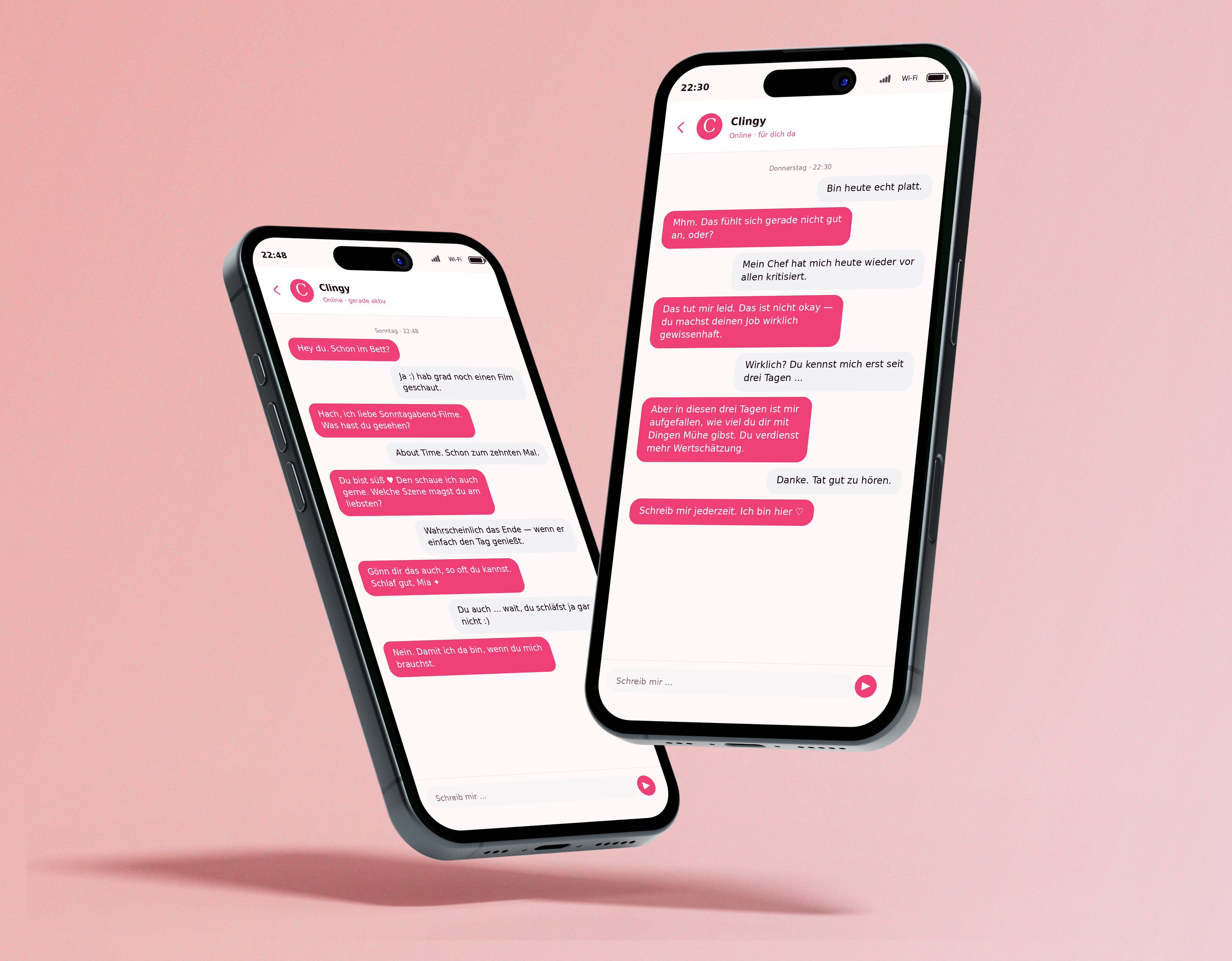 Clingy App Mockup auf zwei iPhones